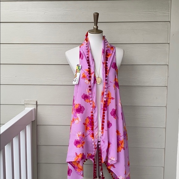 America & Beyond Boho Long Duster Draping Floral Pom Pom Summer Vest Cover Up OS - Picture 3 of 11
